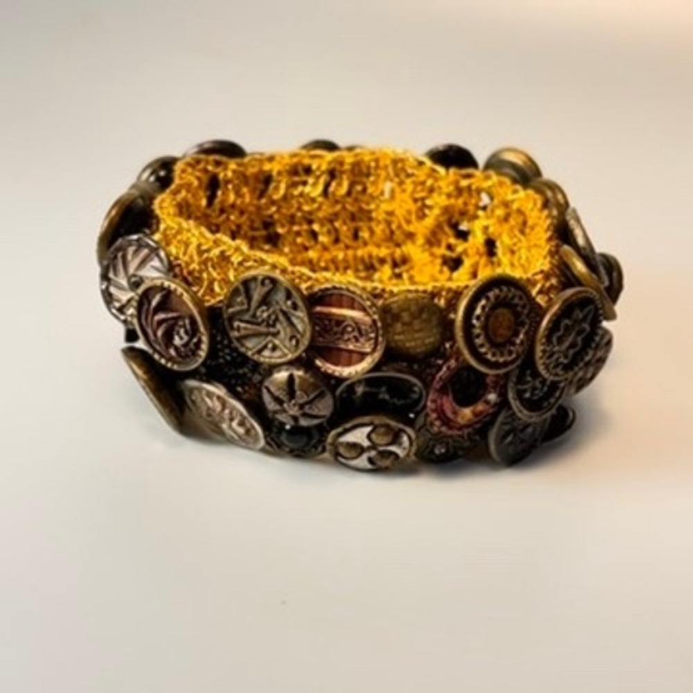 Vintage Button Bracelet Gold Yellow Crochet Mixed Metal Boho Statement Cuff